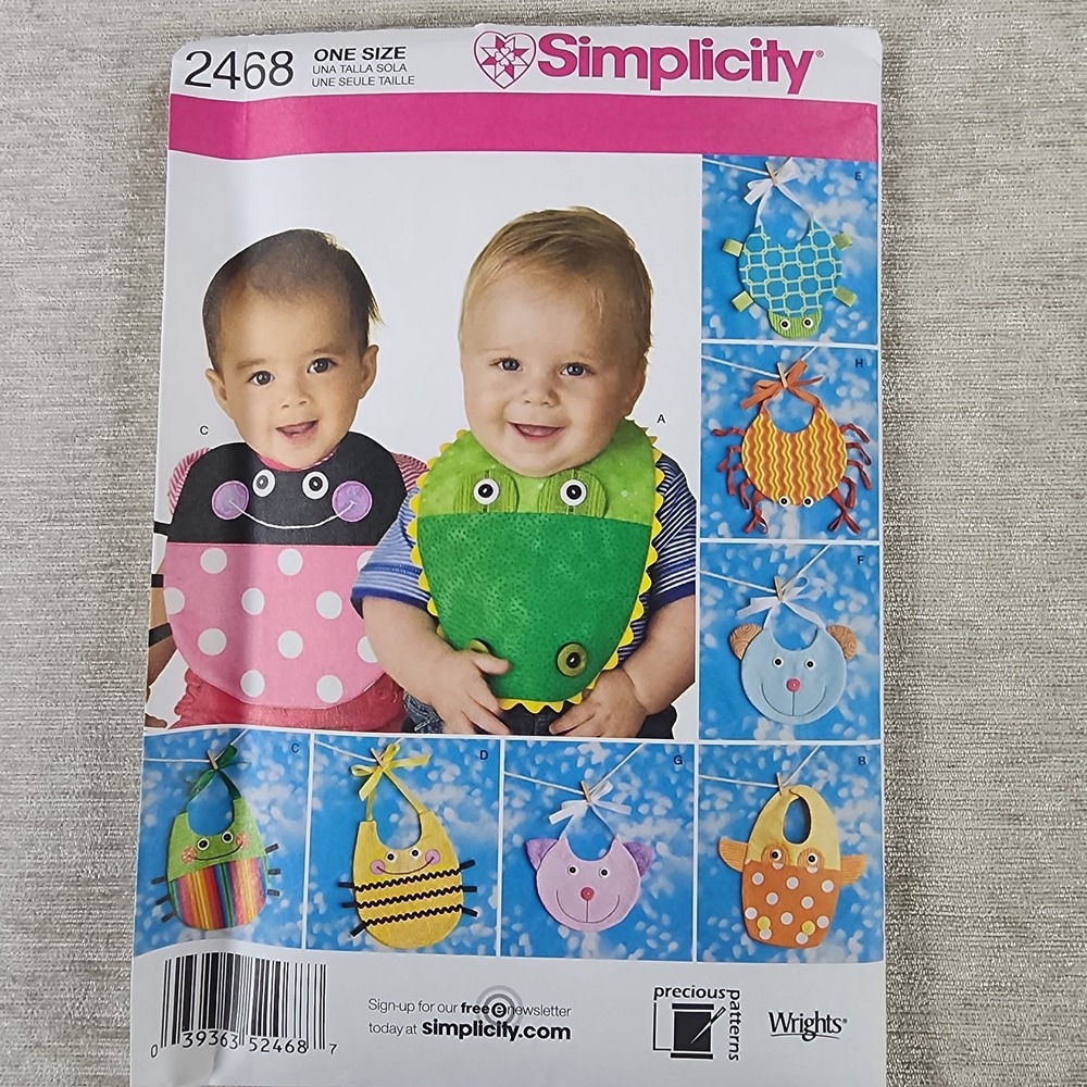 Simplicity Pattern 2468 Infant Baby Bibs Crab Crocodile Bumble Bee Fish Turtle